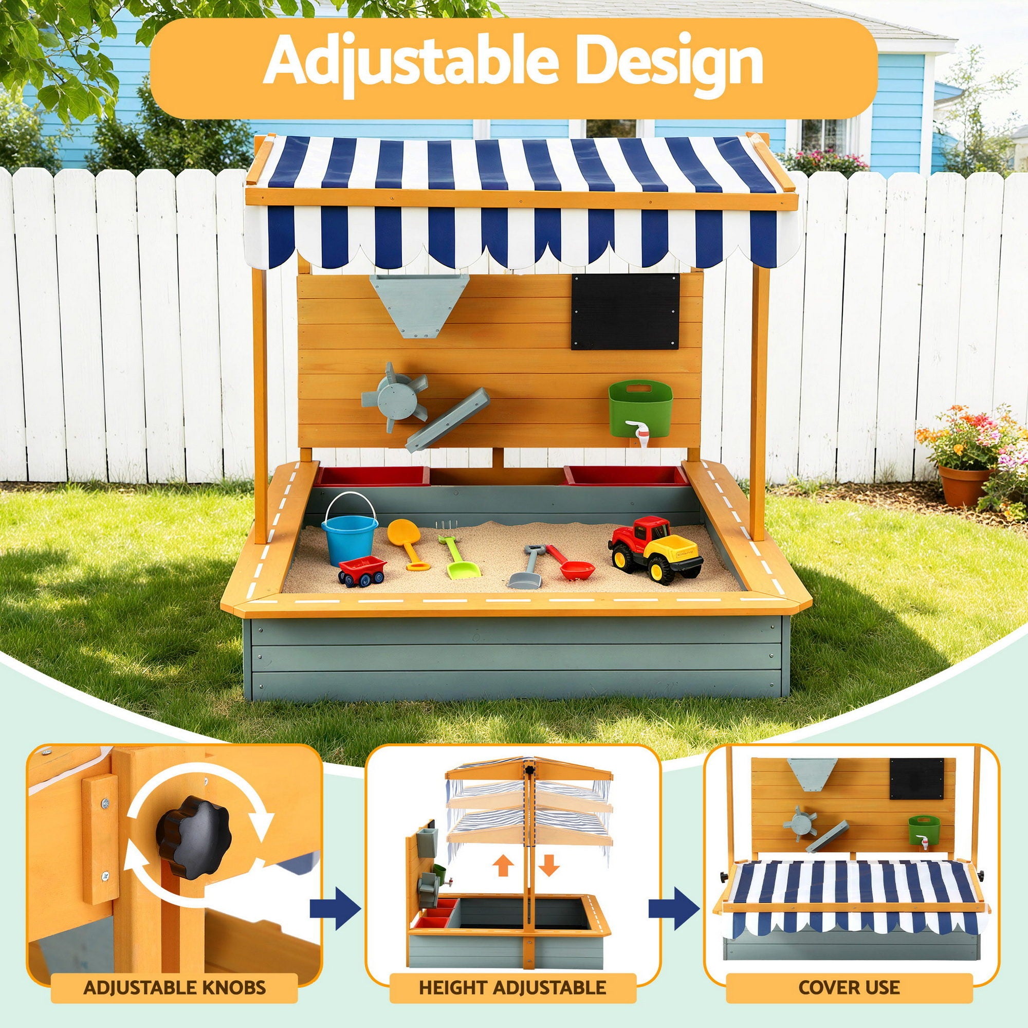Kids Wooden Sandpit with Adjustable Canopy Funnel Outdoor Play Toy 110cm
