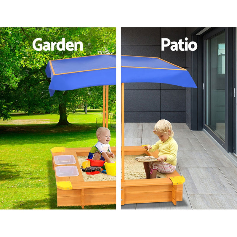 Kids Sandpit Wooden Sandbox Sand Pit with Canopy Water Basin Toys 103cm - Outdoor Play Equipment