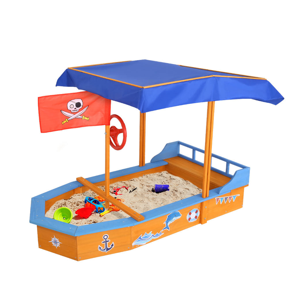 Wooden Boat Sandpit for Kids with Canopy & Bench Outdoor Sand Box