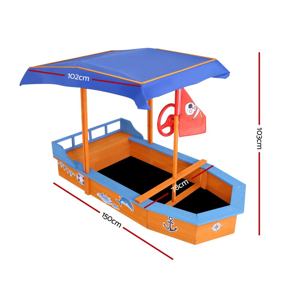 Wooden Boat Sandpit for Kids with Canopy & Bench Outdoor Sand Box