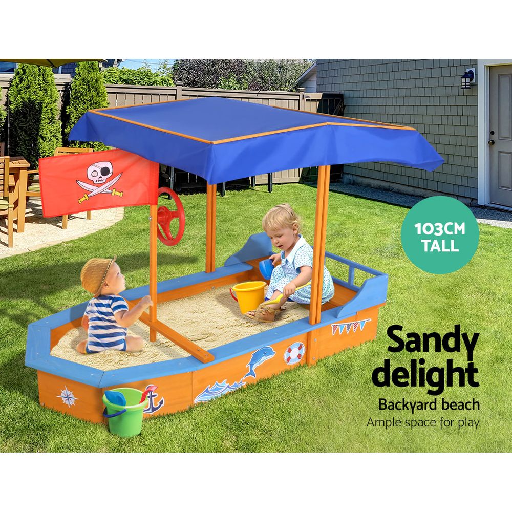 Wooden Boat Sandpit for Kids with Canopy & Bench Outdoor Sand Box