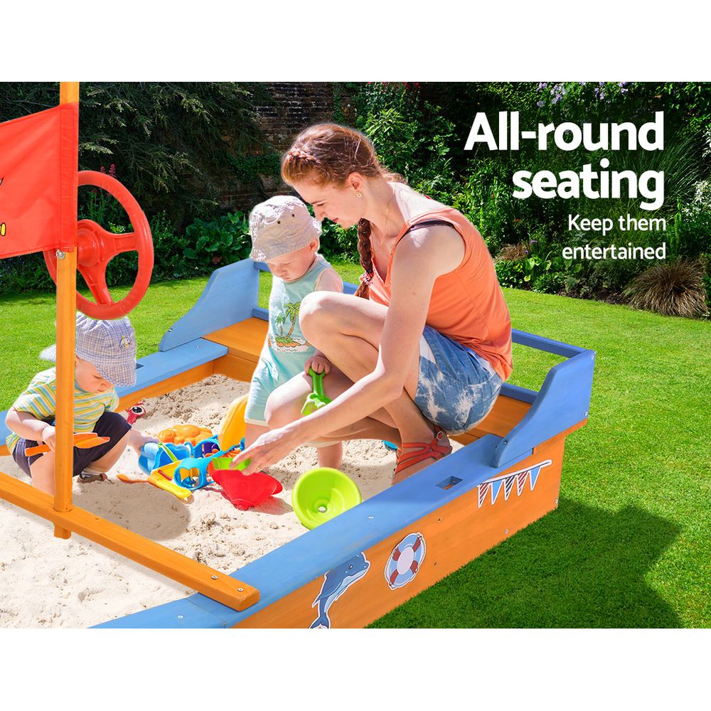 Wooden Boat Sandpit for Kids with Canopy & Bench Outdoor Sand Box