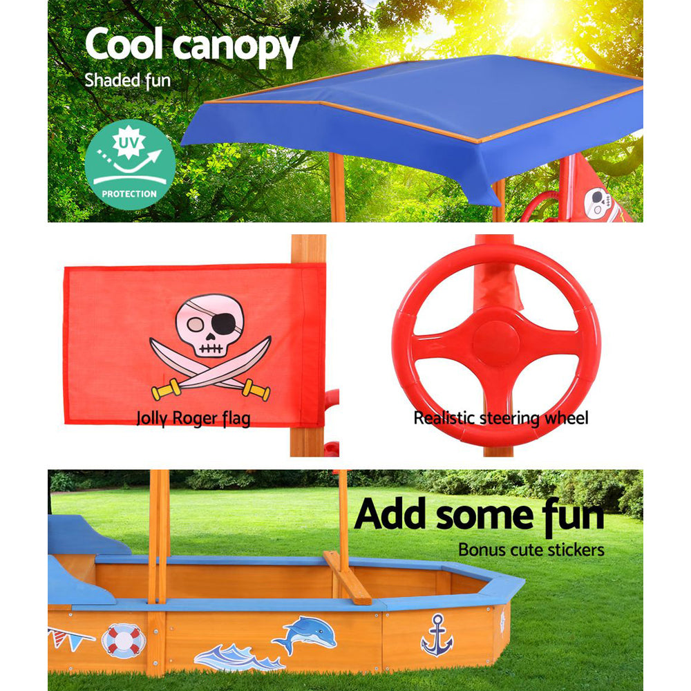 Wooden Boat Sandpit for Kids with Canopy & Bench Outdoor Sand Box