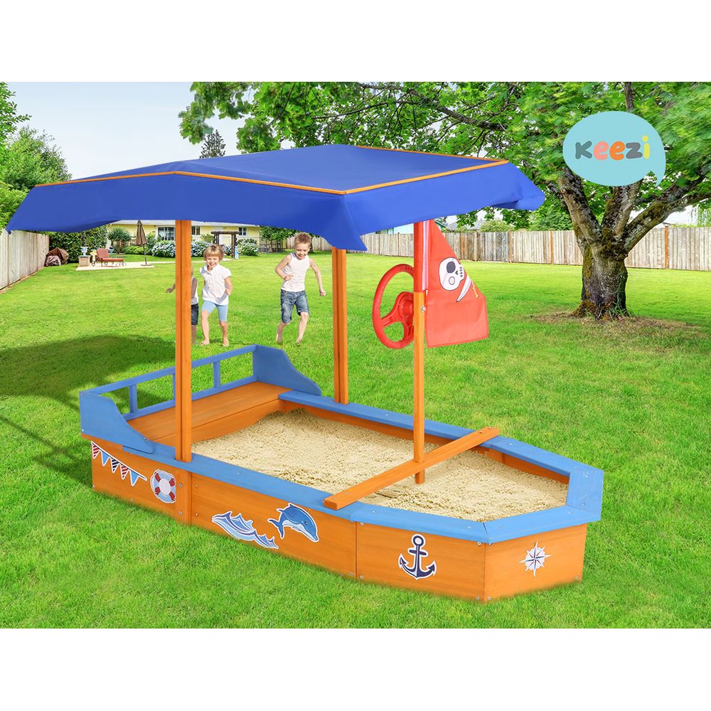 Wooden Boat Sandpit for Kids with Canopy & Bench Outdoor Sand Box