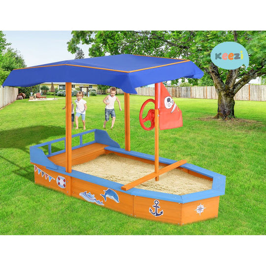 Wooden Boat Sandpit for Kids with Canopy & Bench Outdoor Sand Box - Keezi Shaped Pit Jumbo