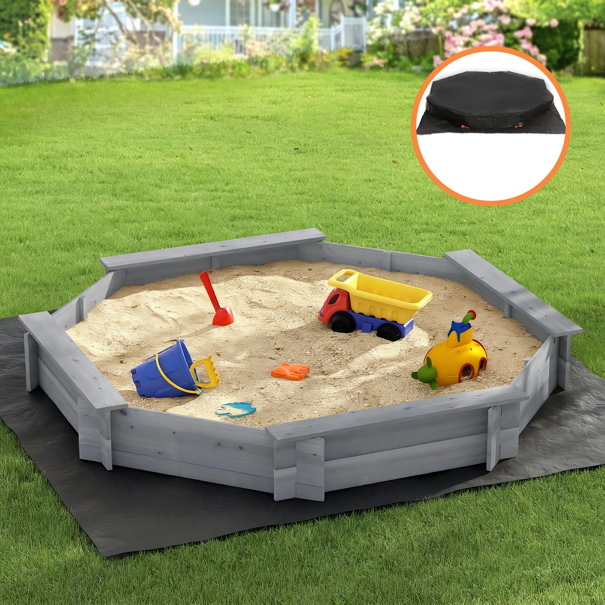 Kids Wooden Round Sandpit with Cover Bench Seat Outdoor Play 182cm Grey