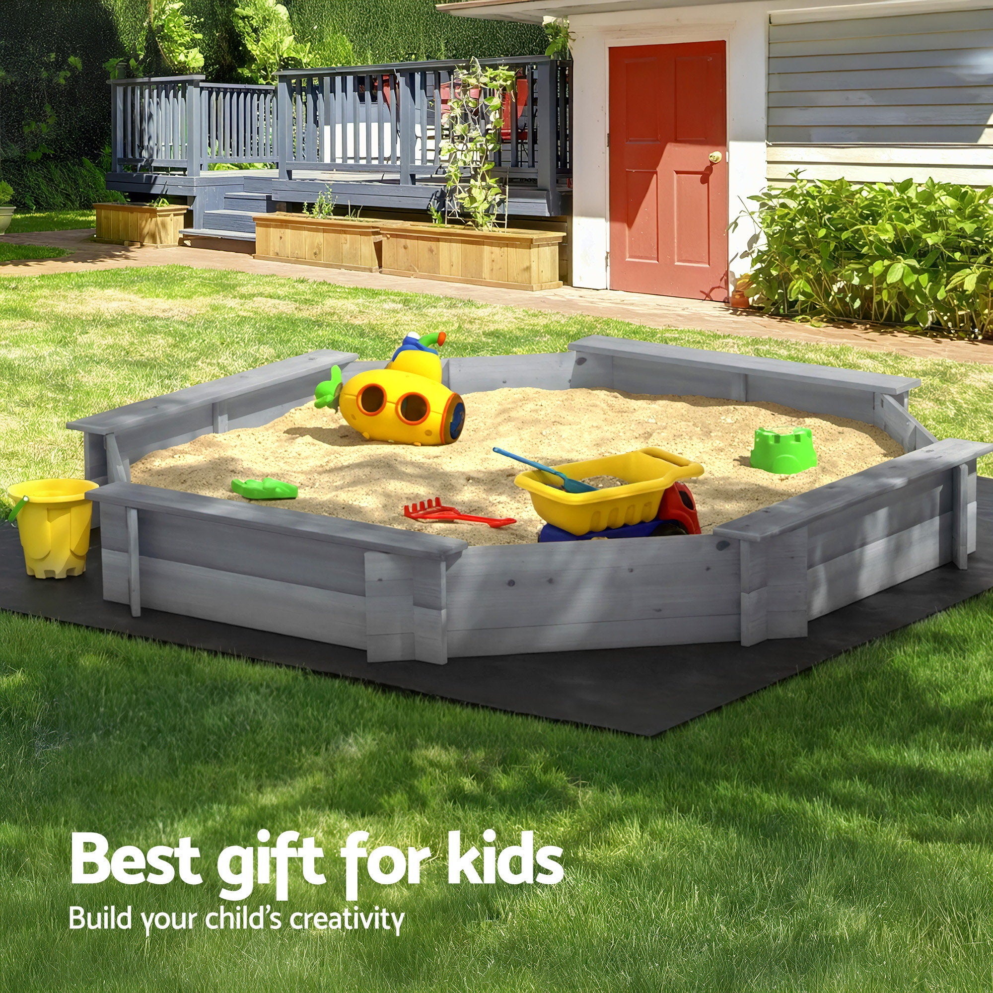 Kids Wooden Round Sandpit with Cover Bench Seat Outdoor Play 182cm Grey