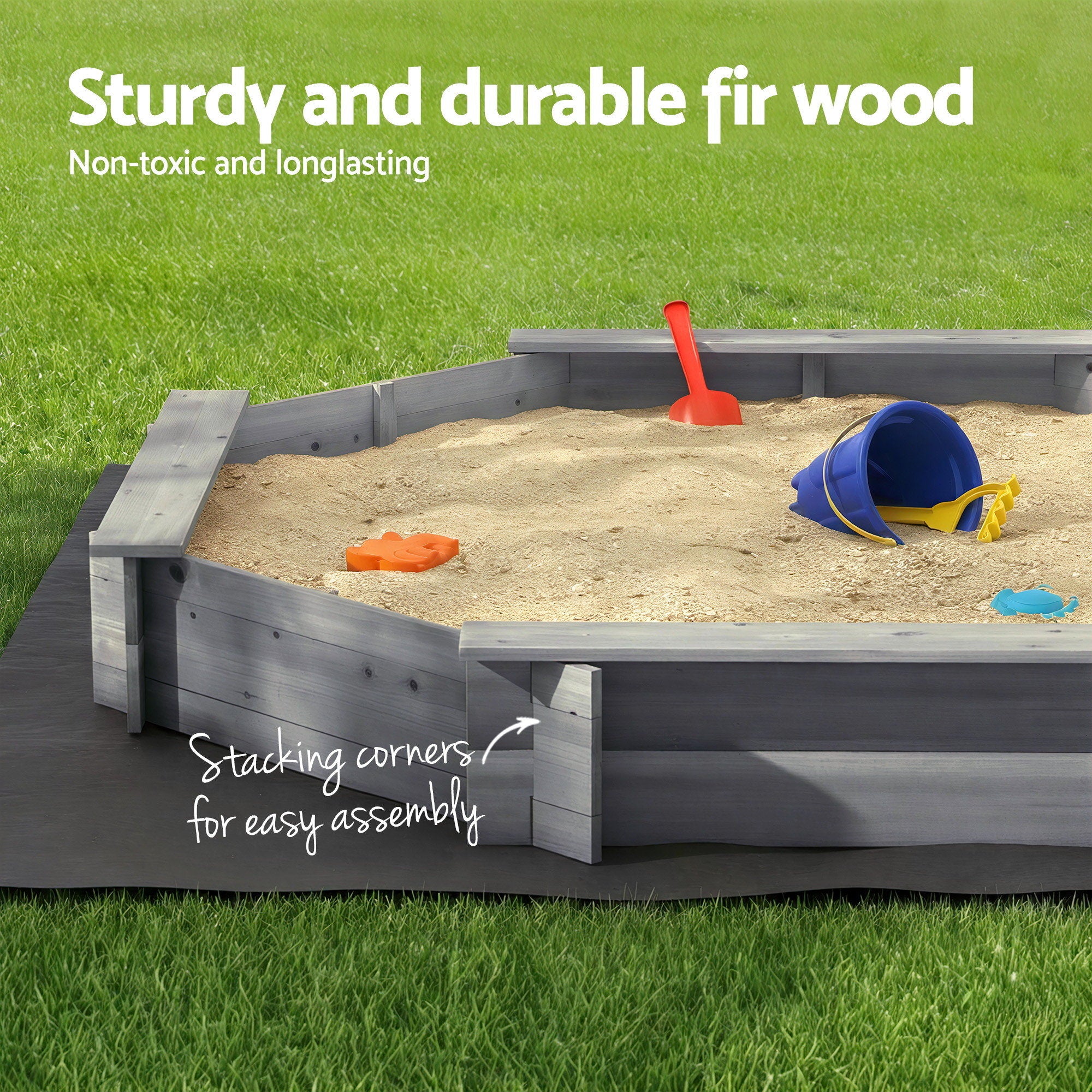 Kids Wooden Round Sandpit with Cover Bench Seat Outdoor Play 182cm Grey