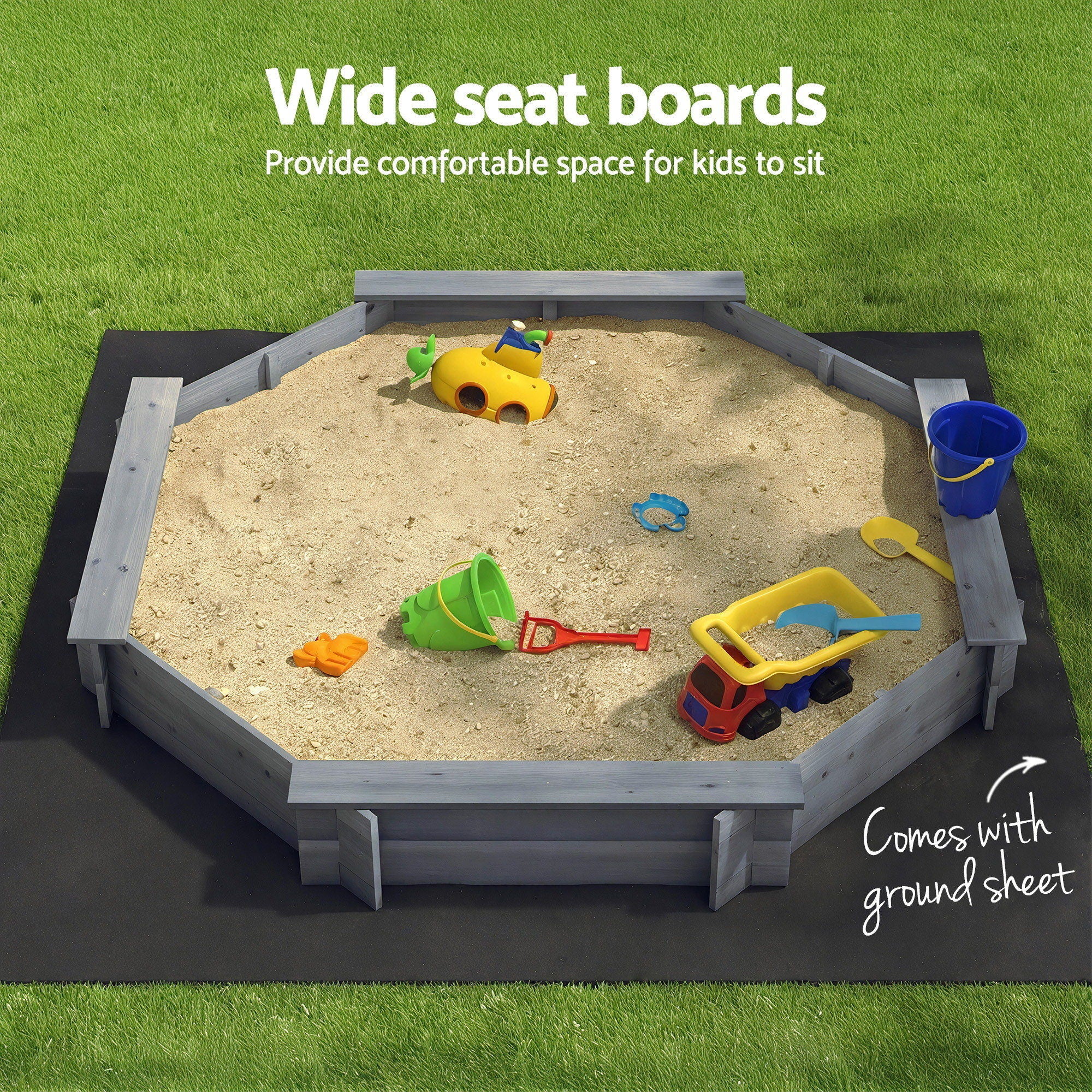 Kids Wooden Round Sandpit with Cover Bench Seat Outdoor Play 182cm Grey