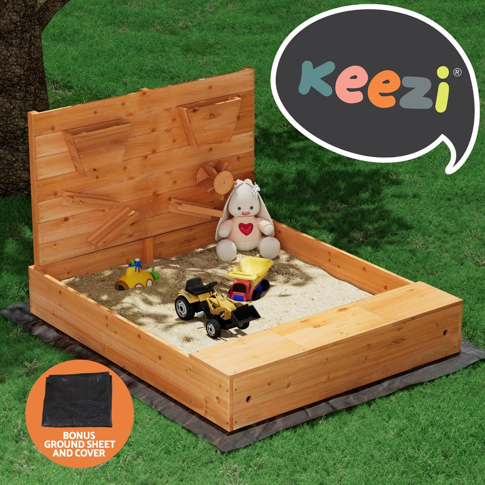 Kids Wooden Sandbox with Cover & Funnel Sandpit Playset Outdoor Toy with Bench & Sand Wall