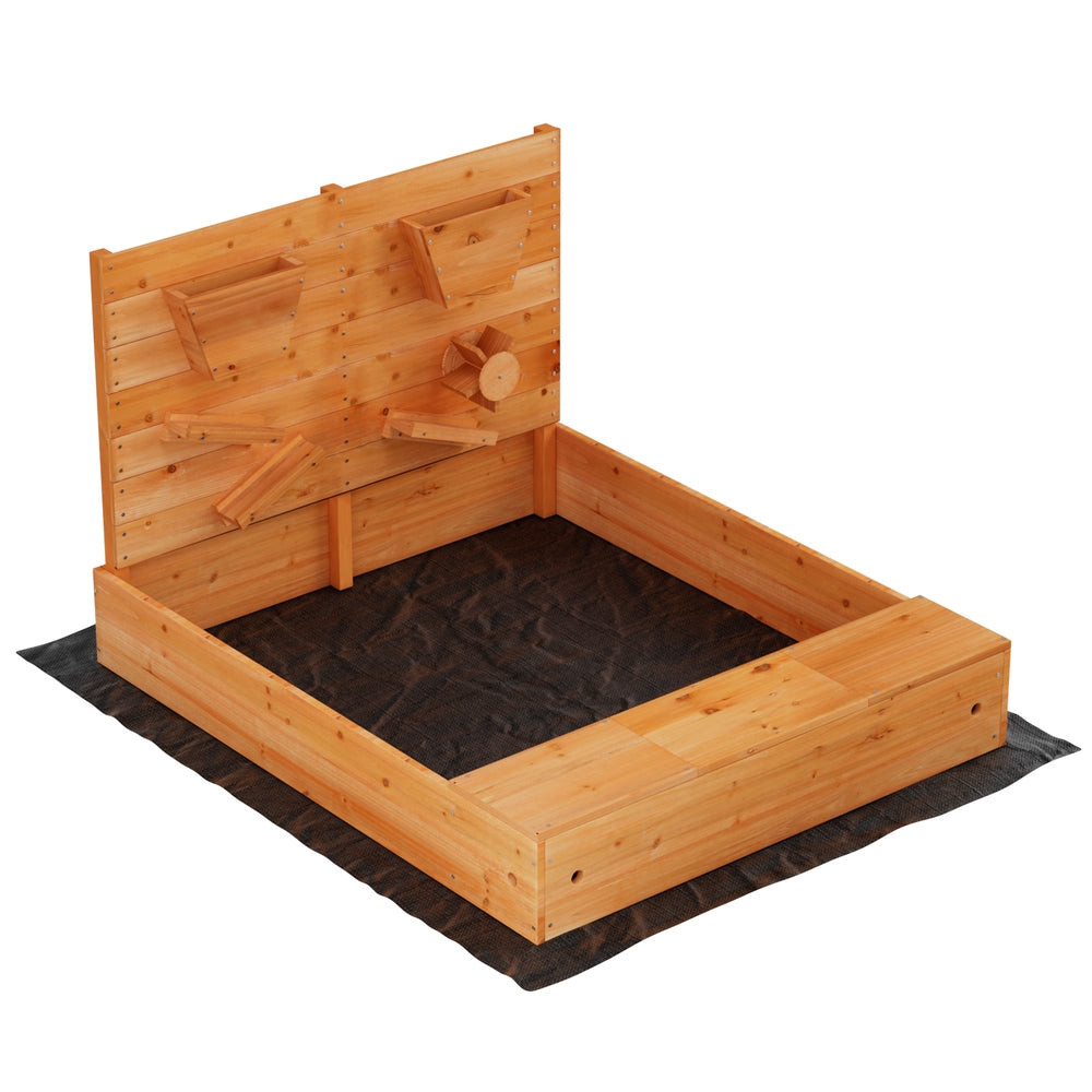 Kids Wooden Sandbox with Cover & Funnel Sandpit Playset Outdoor Toy with Bench & Sand Wall