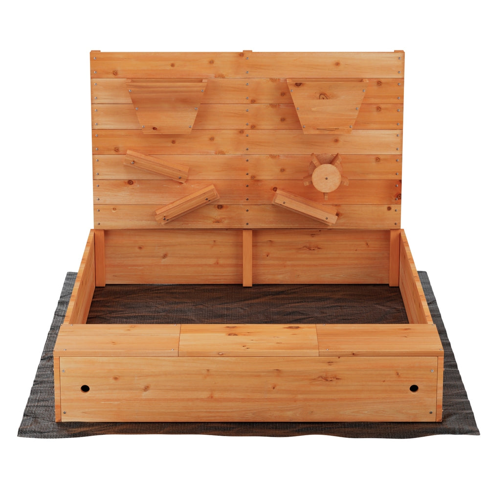 Kids Wooden Sandbox with Cover & Funnel Sandpit Playset Outdoor Toy with Bench & Sand Wall