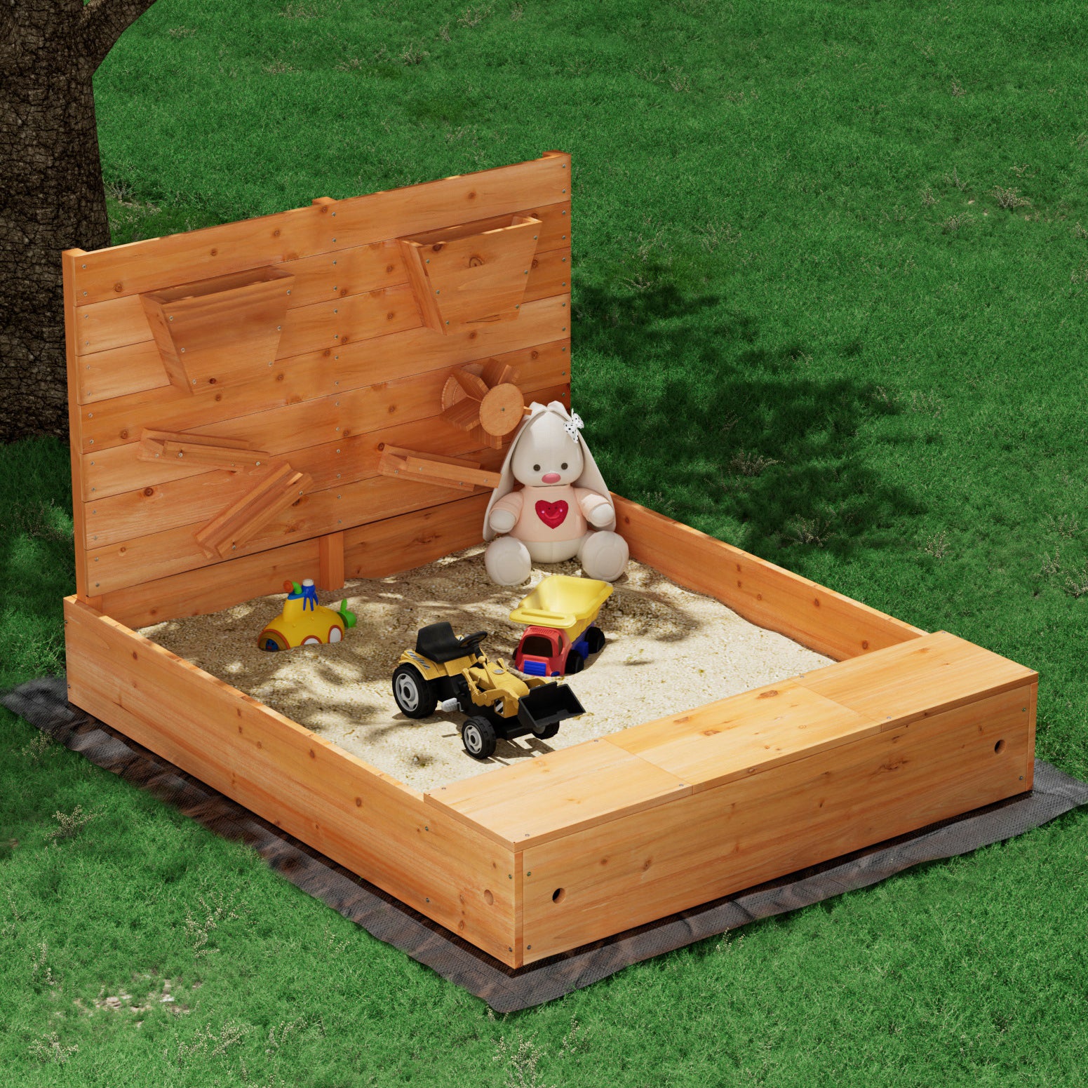 Kids Wooden Sandbox with Cover & Funnel Sandpit Playset Outdoor Toy with Bench & Sand Wall