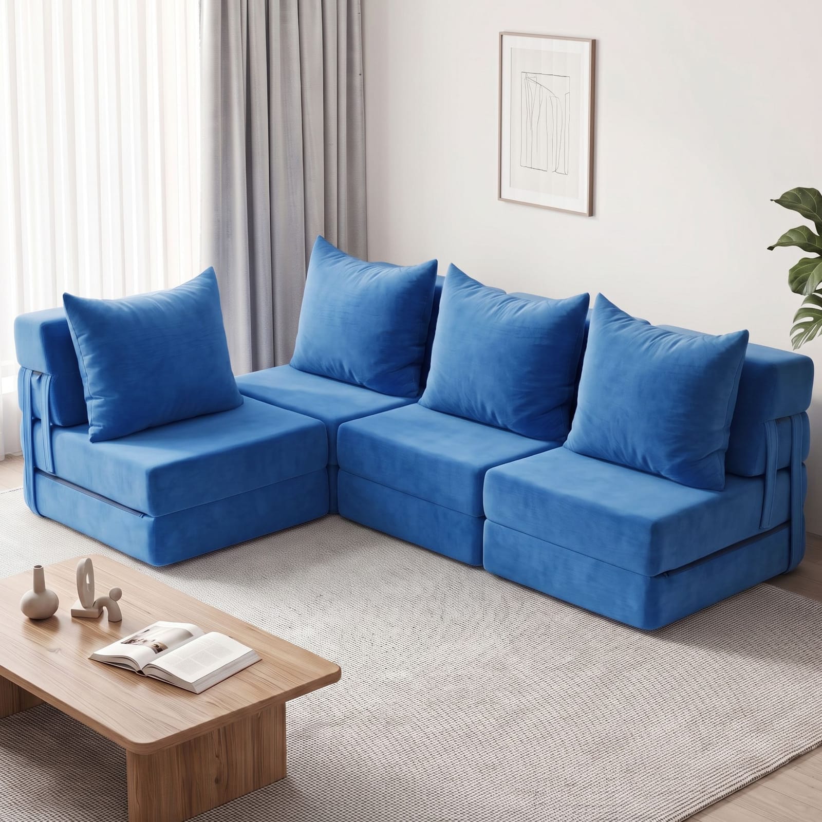 Blue sofa bed king, side view