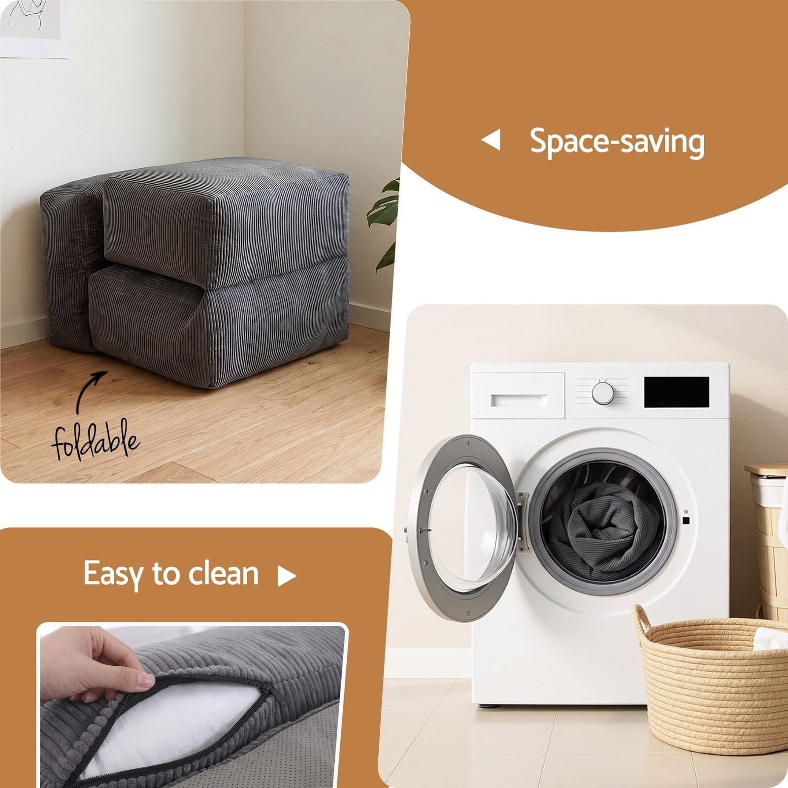 Foldable Sofa Bed Grey 164x82x75cm
