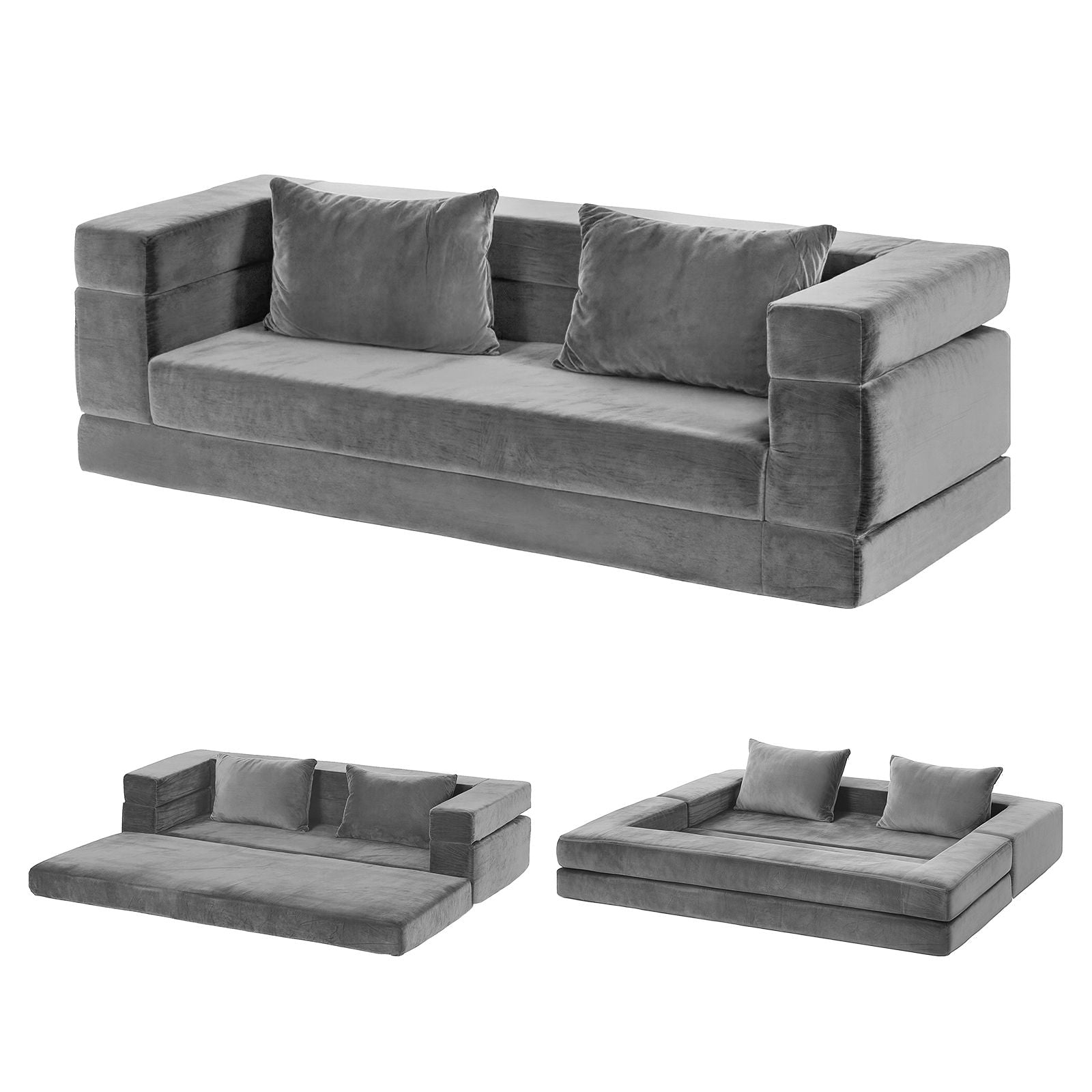 Convertible Folding Sofa Bed Grey Velvet | Simpledeals