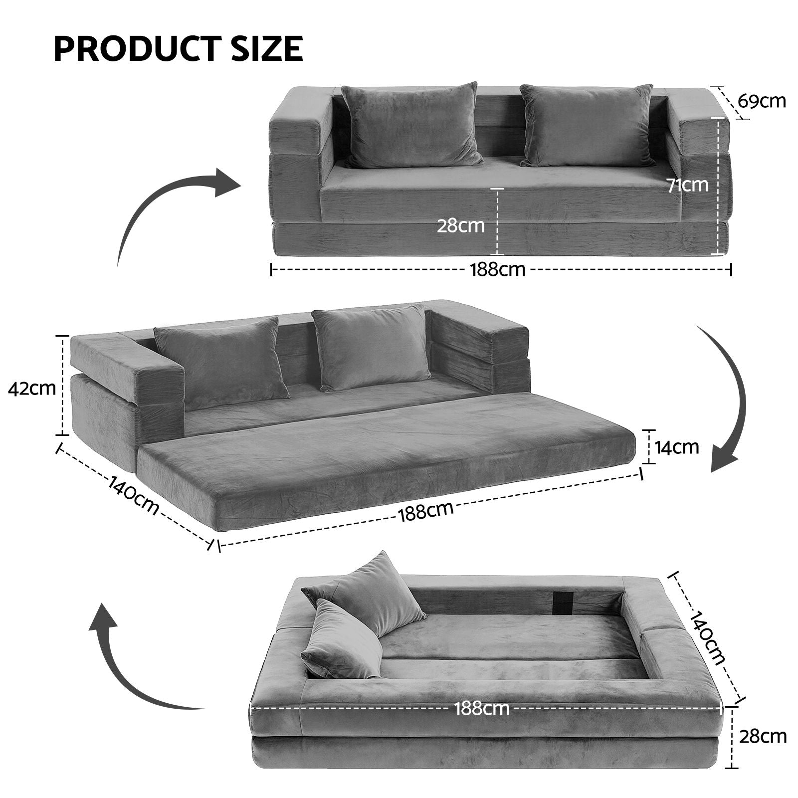 Convertible Folding Sofa Bed Grey Velvet | Simpledeals