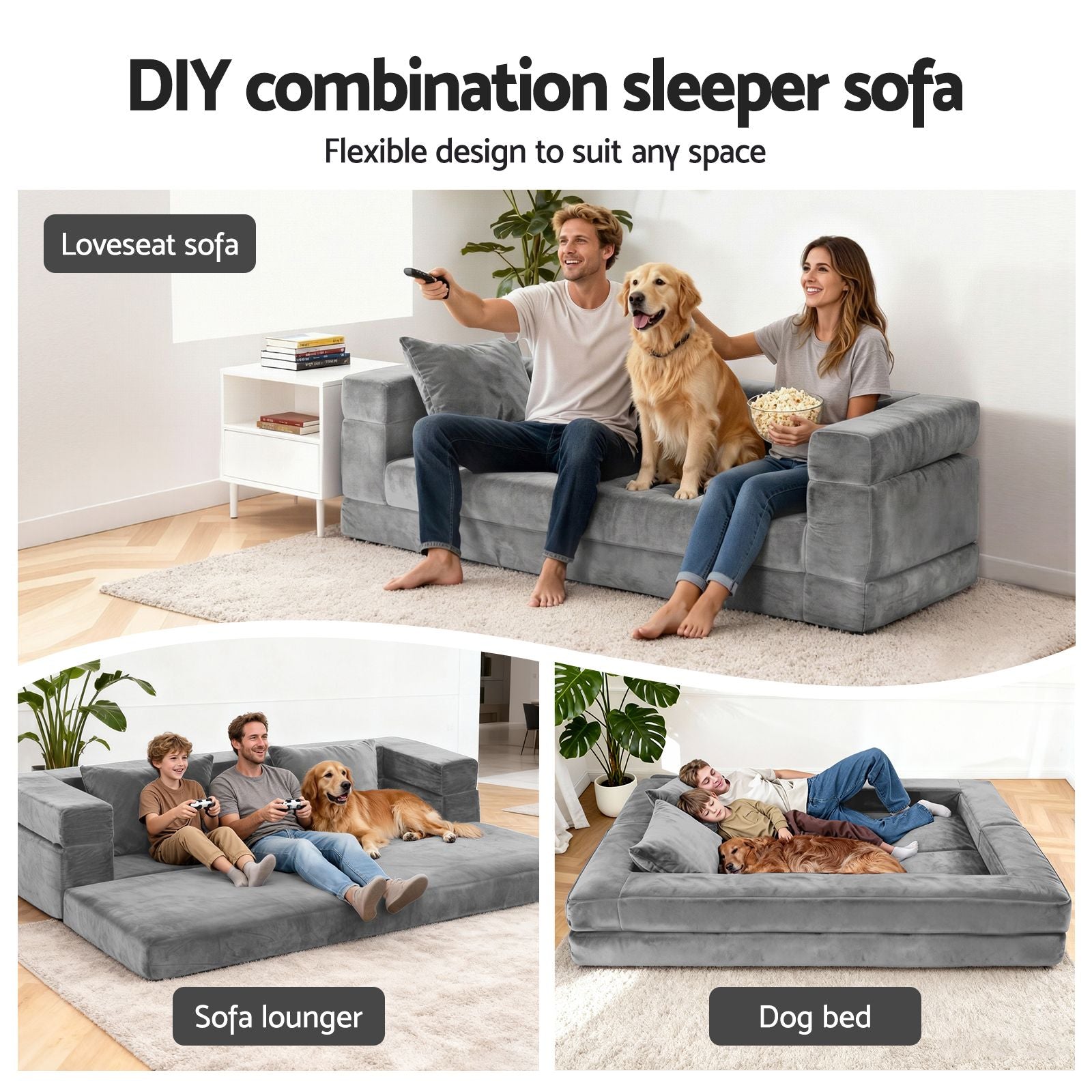 Convertible Folding Sofa Bed Grey Velvet | Simpledeals