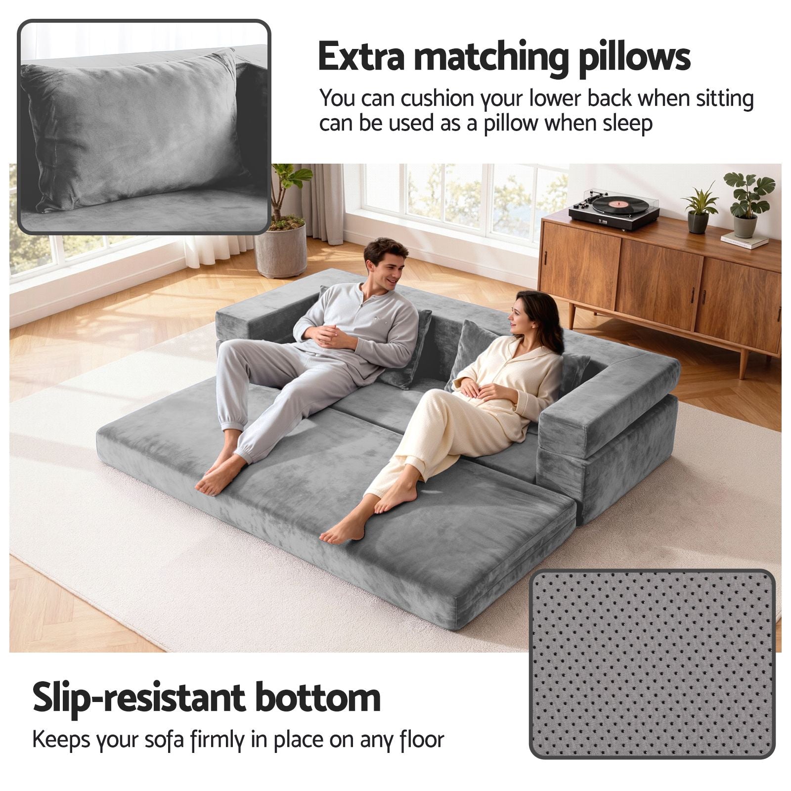 Convertible Folding Sofa Bed Grey Velvet | Simpledeals