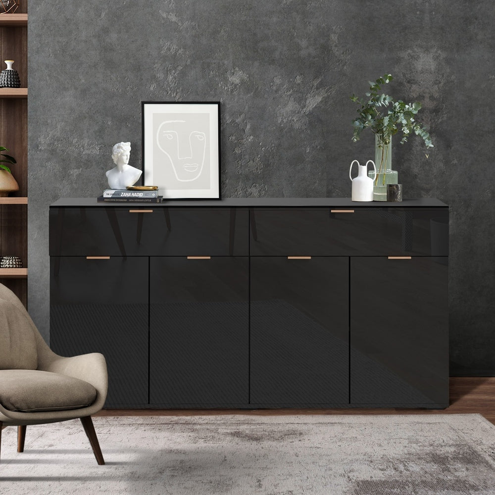 Sideboard High Gloss 4 Doors 2 Drawers Black