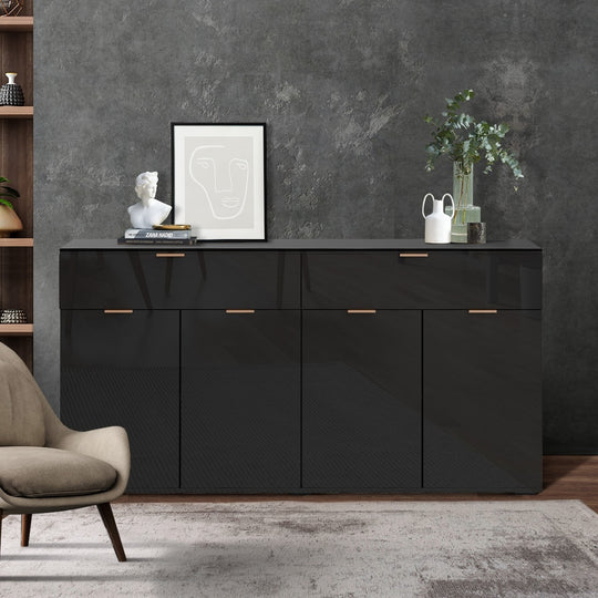 Sideboard High Gloss 4 Doors 2 Drawers Black with Black colour