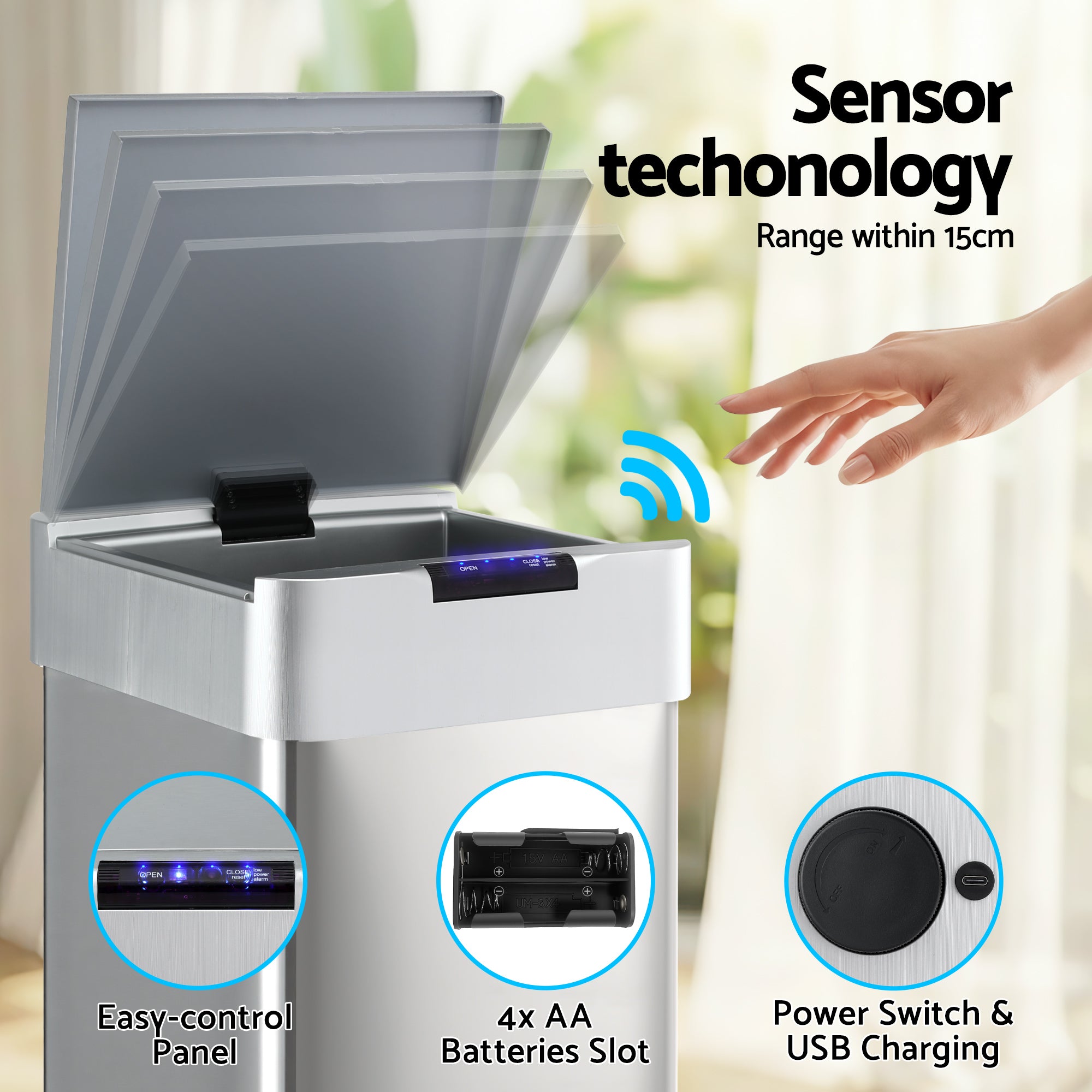 50L Motion Sensor Trash Can Automatic Kitchen Bin Silver