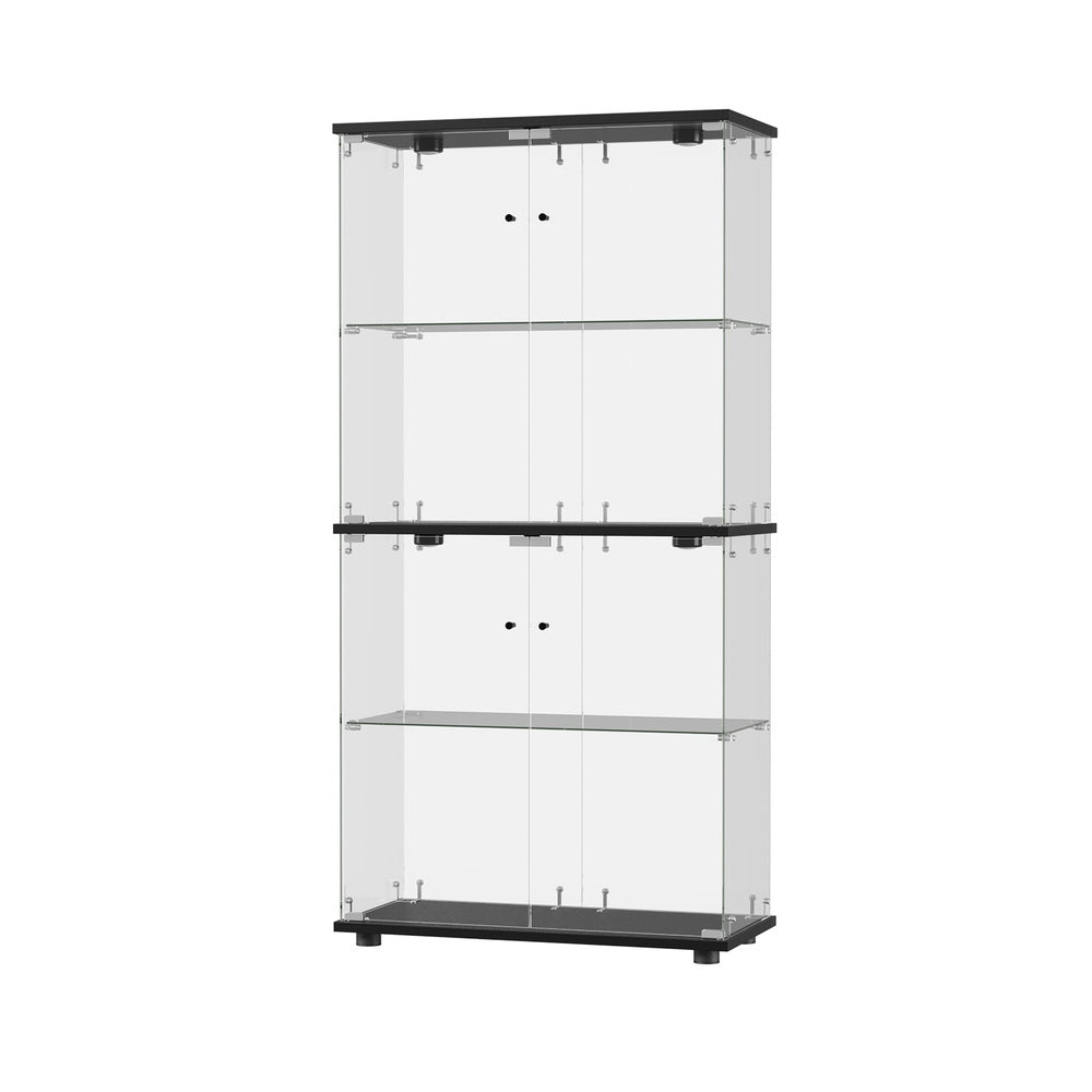 Glass Display Cabinet 4-Tier LED Light Bookcase 2 Doors Black