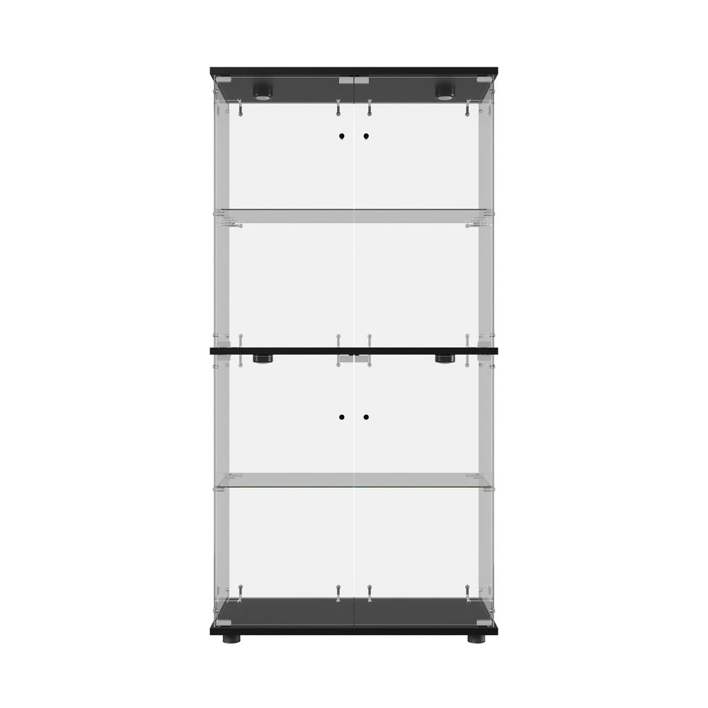 Glass Display Cabinet 4-Tier LED Light Bookcase 2 Doors Black