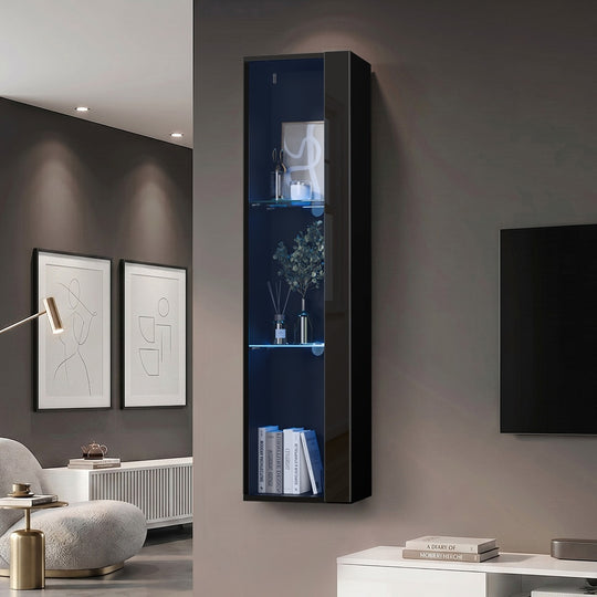 LED Display Cabinet Wall Mounted High Gloss Black | Simplede