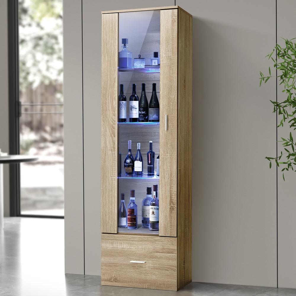 Display Cabinet Buffet Sideboard LED Light High Gloss Door Natural