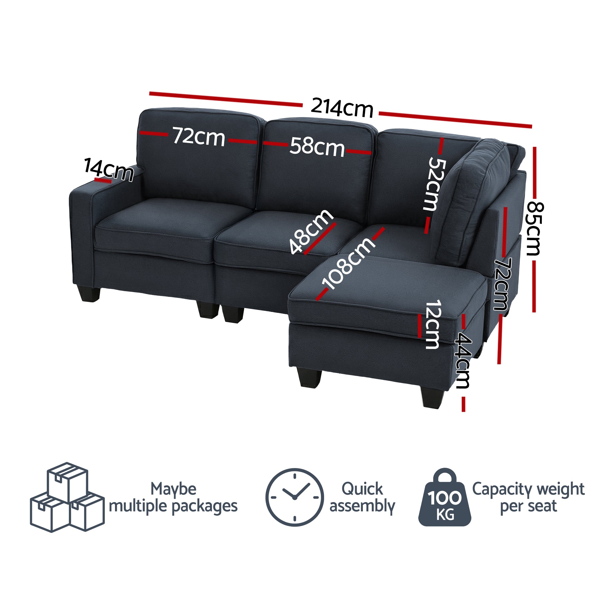 Sofa Lounge Set 4 Seater Modular Chaise Chair Couch Fabric Dark Grey