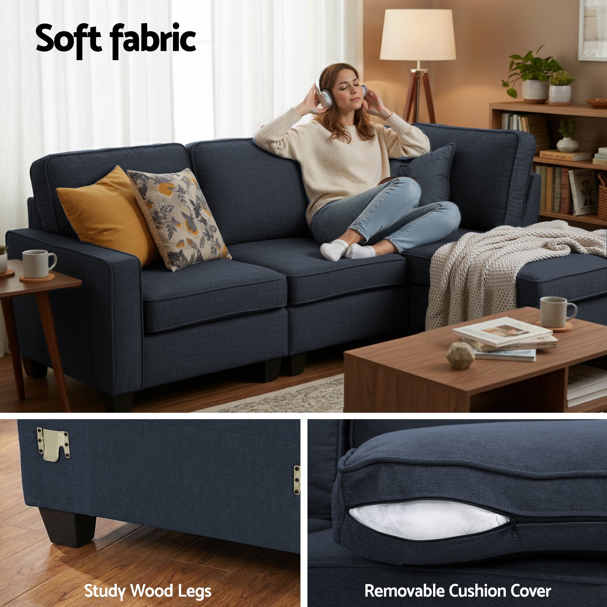 Sofa Lounge Set 4 Seater Modular Chaise Chair Couch Fabric Dark Grey