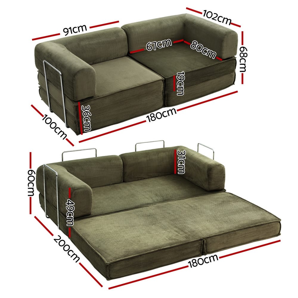 Green Folding Sofa Bed 180x100x68cm