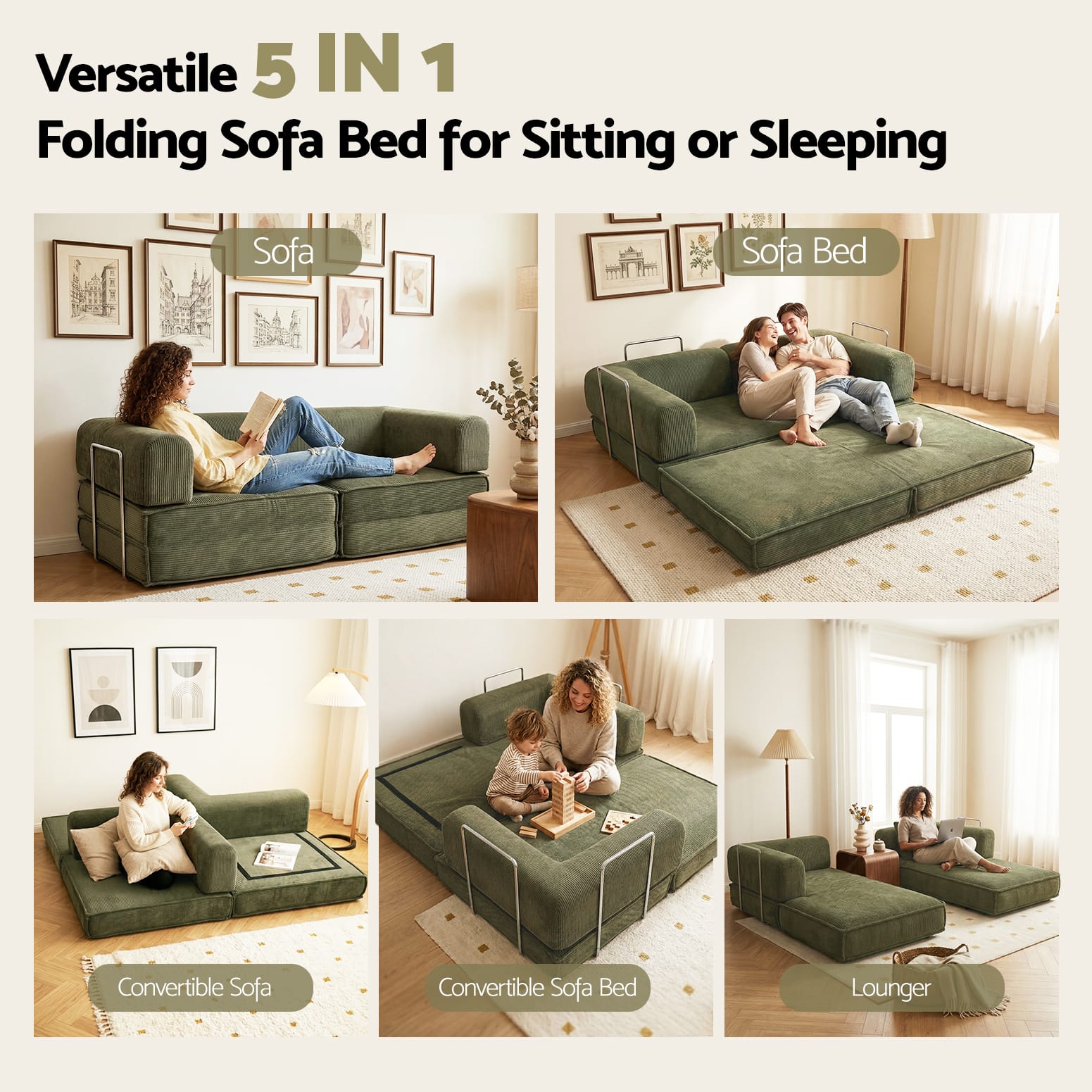 Green Folding Sofa Bed 180x100x68cm