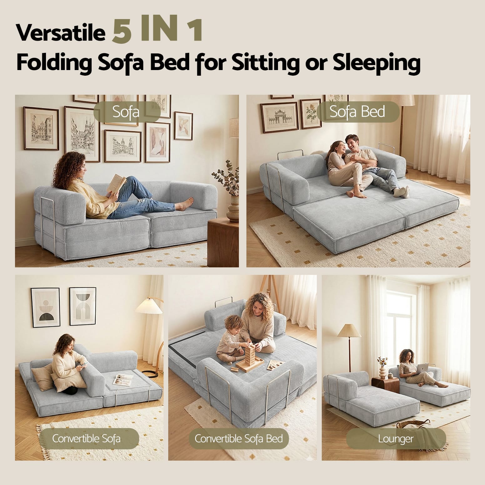 Grey Folding Sofa Bed 180x100x68cm