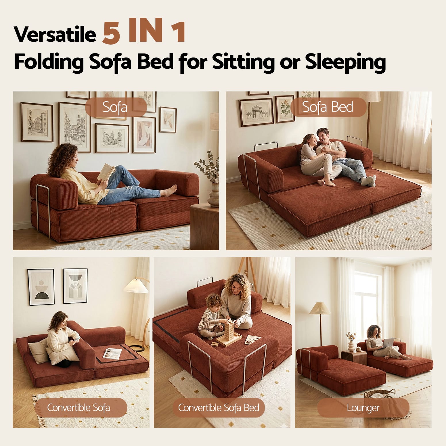 Folding Sofa Bed Orange Fabric 180x100x68cm