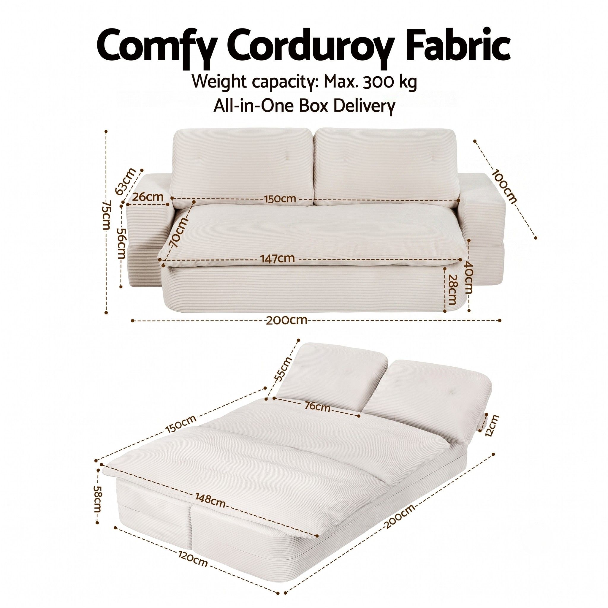 Artiss Convertible Folding Sofa Bed 30D High-Density Foam Boneless Couch with Corduroy Sleeper Couch Lounger for Living Room Beign