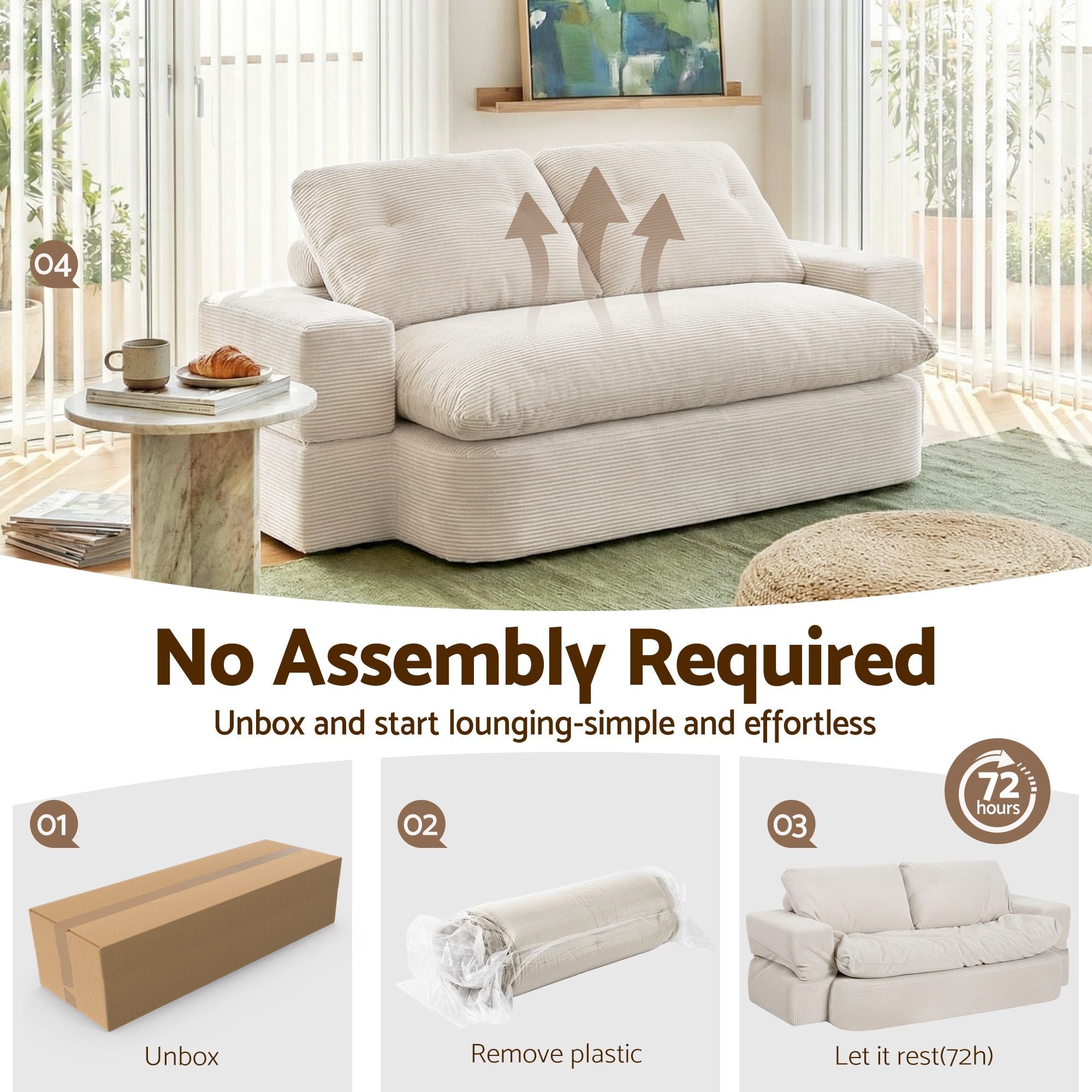Artiss Convertible Folding Sofa Bed 30D High-Density Foam Boneless Couch with Corduroy Sleeper Couch Lounger for Living Room Beign