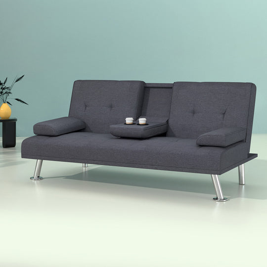 175cm Dark Grey Fabric Sofa Bed Convertible Sleeper Couch - Artiss Linen Seater Recliner