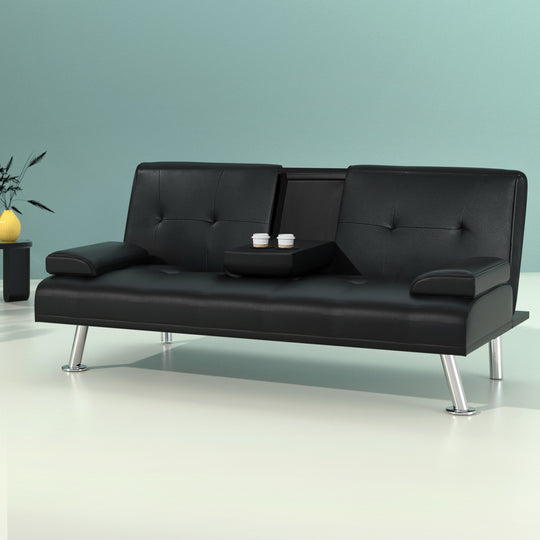 Black 168cm Sofa Bed PU Leather Fold Out Sleeper Sofa Couch with Leather finish