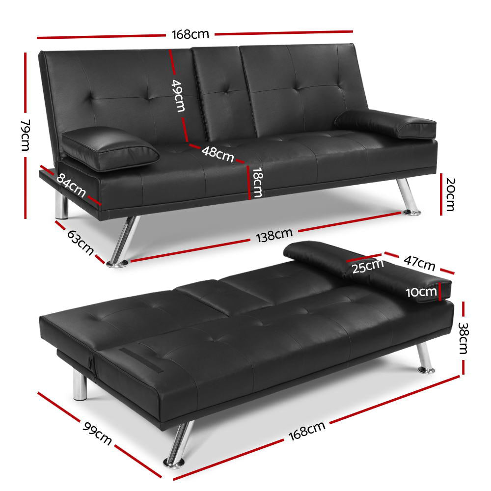 Black 168cm Sofa Bed PU Leather Fold Out Sleeper Sofa Couch