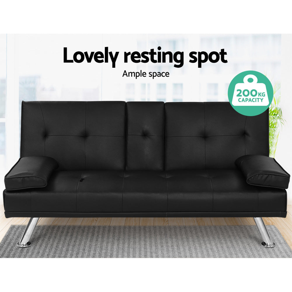 Black 168cm Sofa Bed PU Leather Fold Out Sleeper Sofa Couch