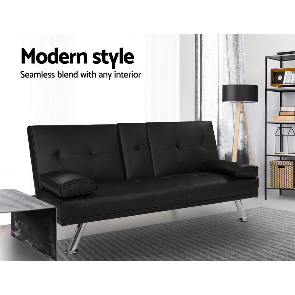 Black 168cm Sofa Bed PU Leather Fold Out Sleeper Sofa Couch