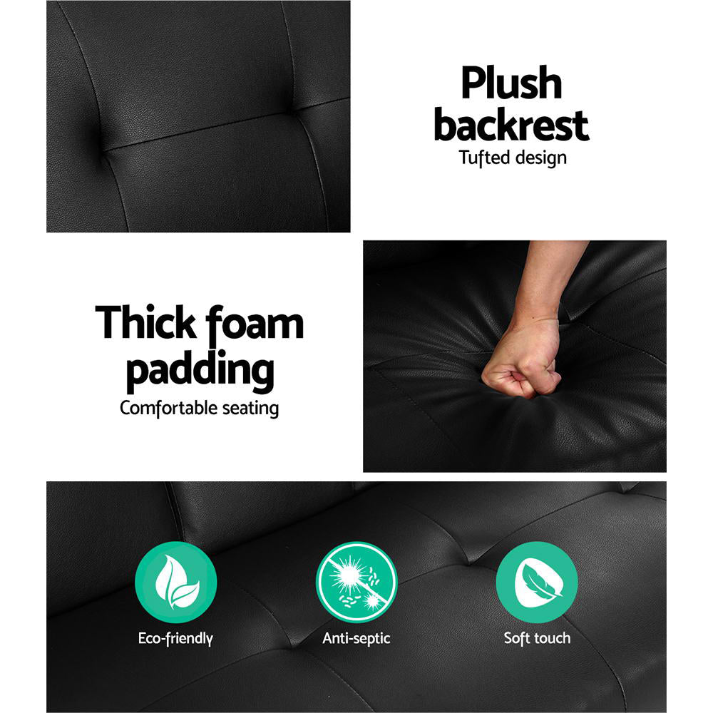 Black 168cm Sofa Bed PU Leather Fold Out Sleeper Sofa Couch