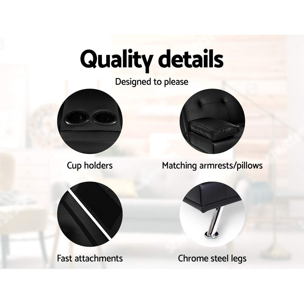 Black 168cm Sofa Bed PU Leather Fold Out Sleeper Sofa Couch