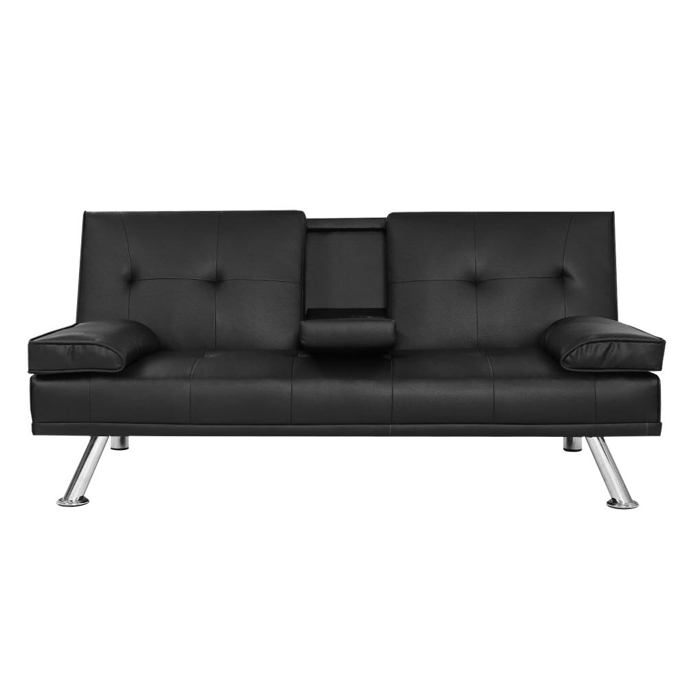 Black 168cm Sofa Bed PU Leather Fold Out Sleeper Sofa Couch