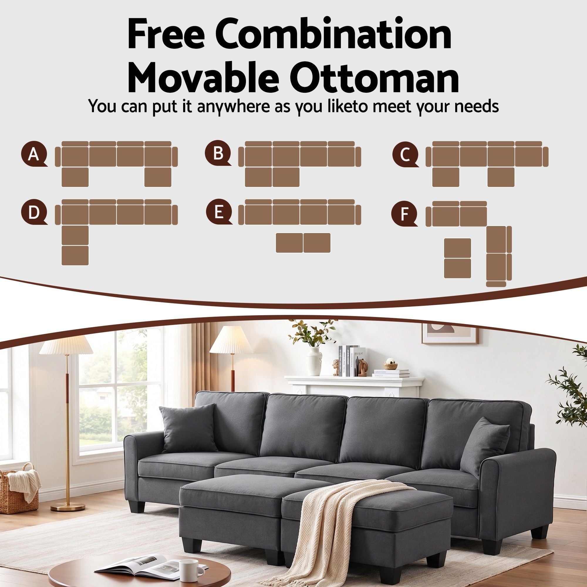 U-Shaped Modular Sectional Sofa Storage Grey | Simpledeals