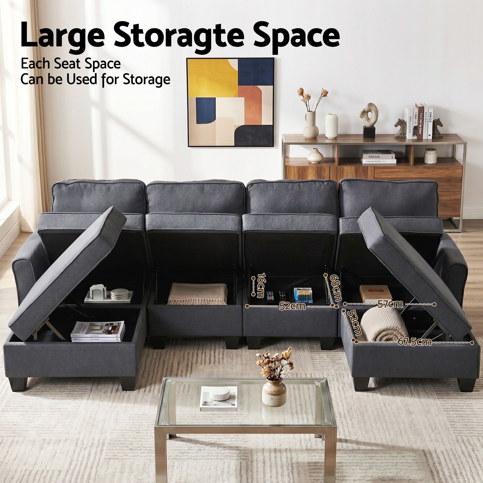 U-Shaped Modular Sectional Sofa Storage Grey | Simpledeals