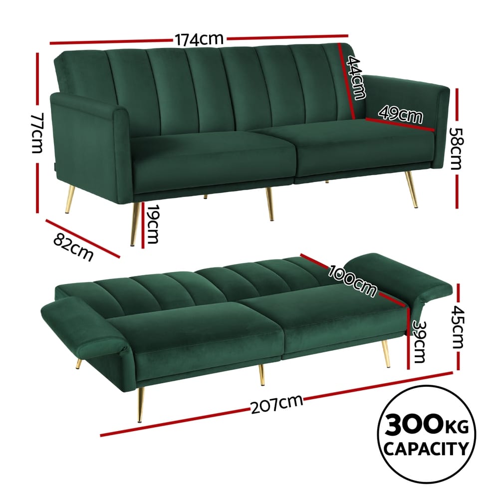 Sofa Bed 3 Seater Velvet 174x82x77cm