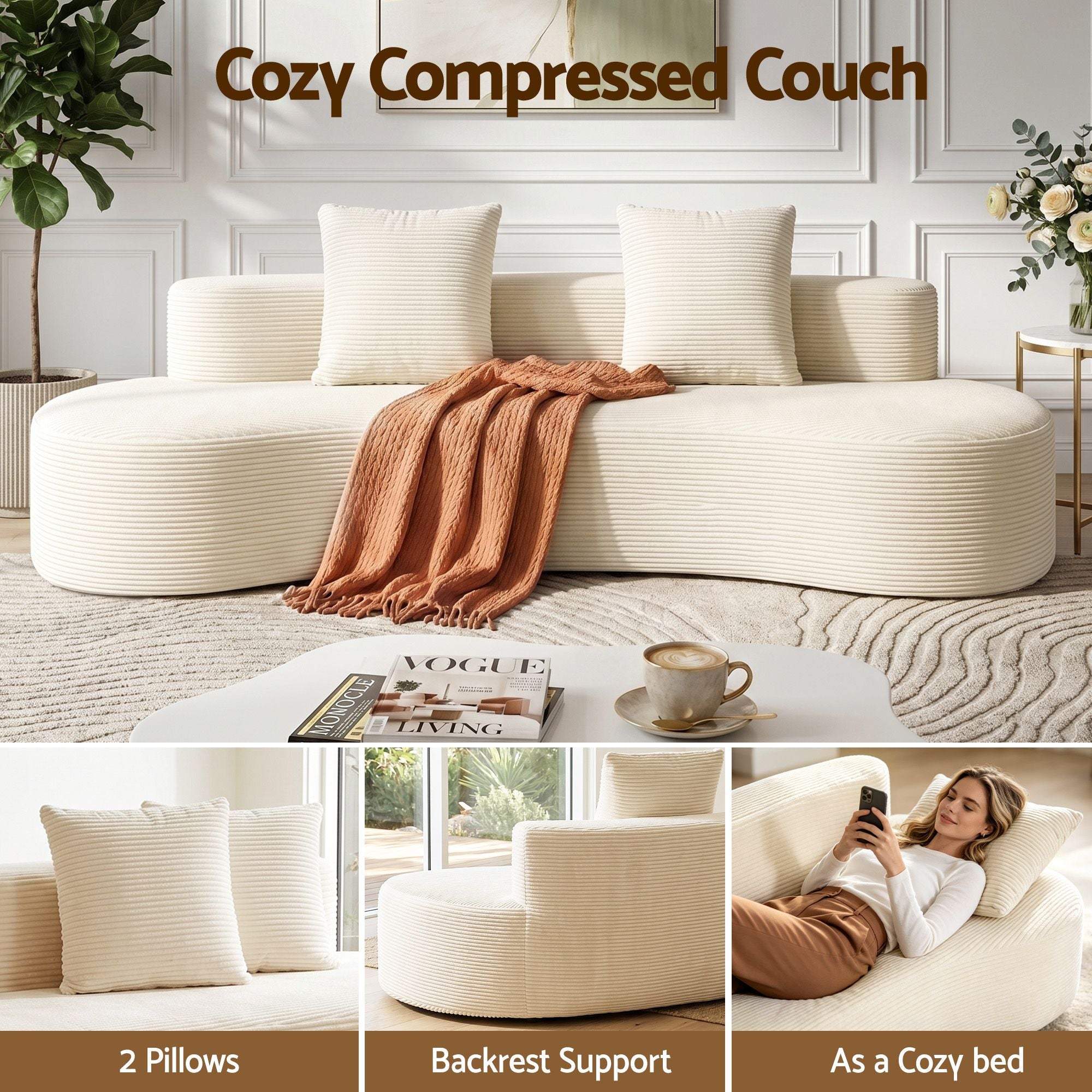 Modular Sofa Bed 4 Seater 228cm Corduroy | Simpledeals